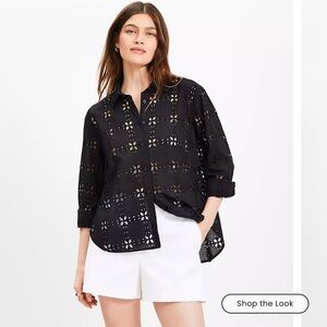 LOFT Petite Black Eyelet Blouse